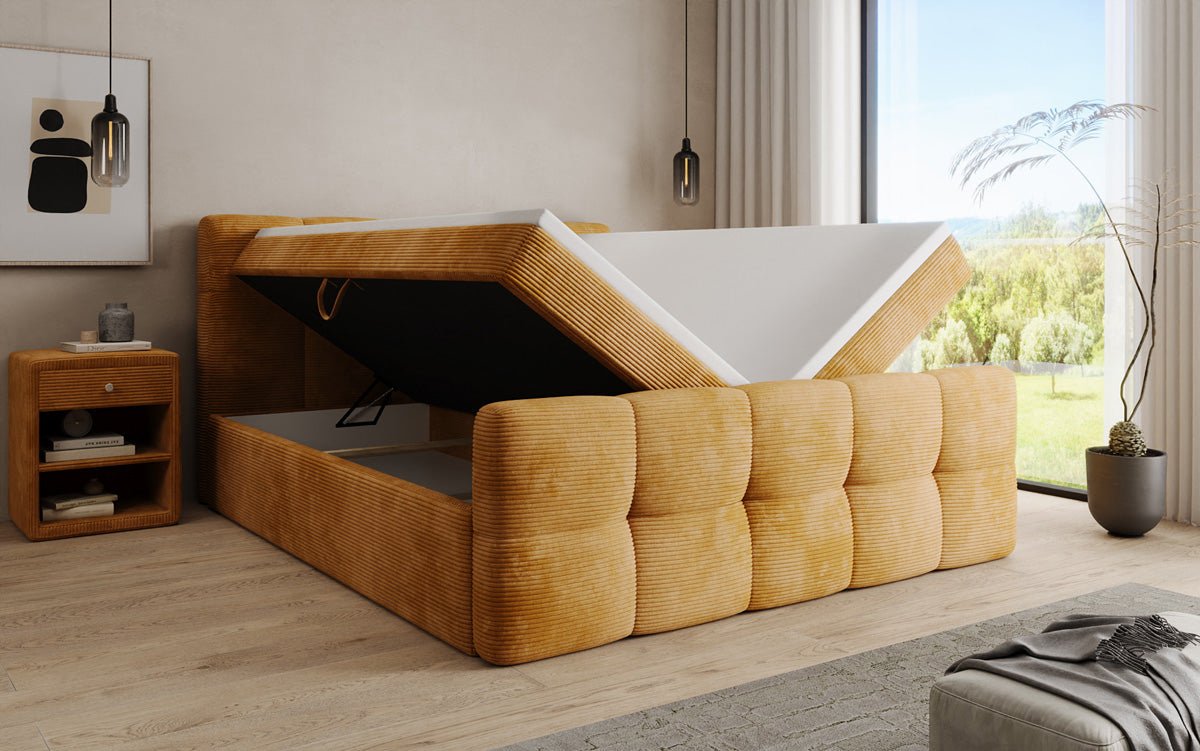 Lit boxspring Cozy en côtelé avec espace de rangement