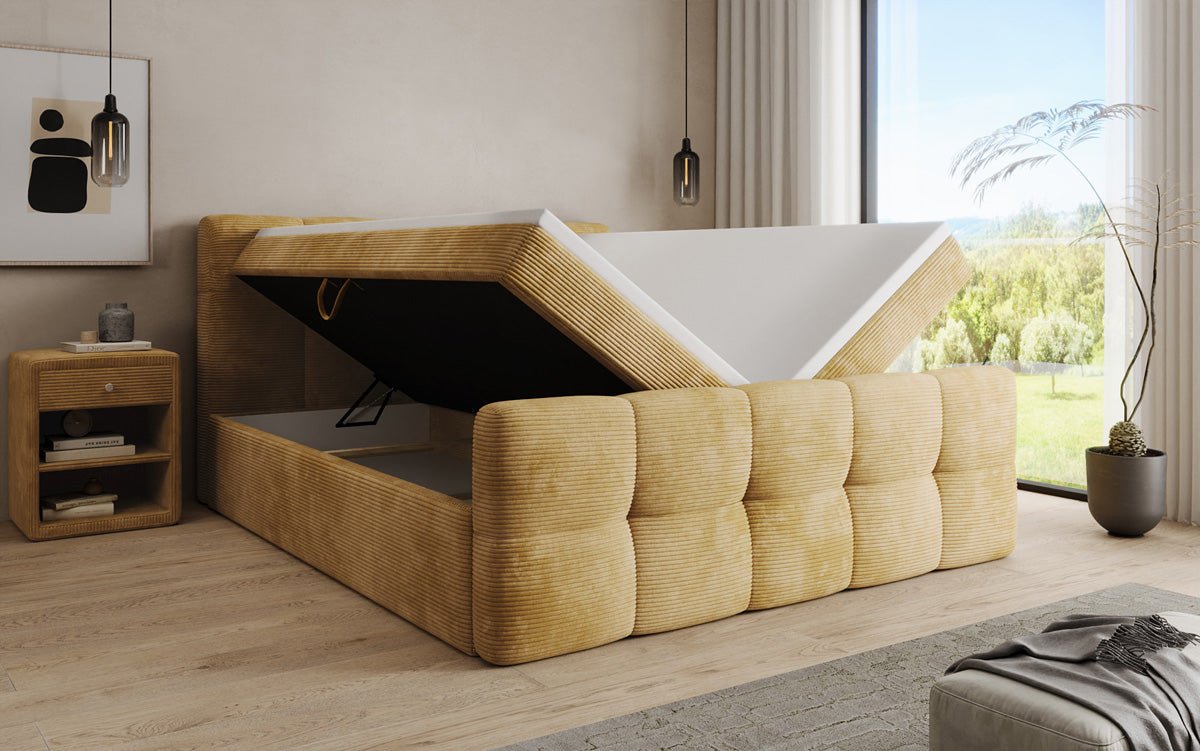 Lit boxspring Cozy en côtelé avec espace de rangement