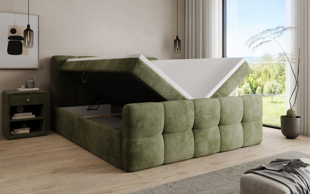 Lit boxspring Cozy en côtelé avec espace de rangement