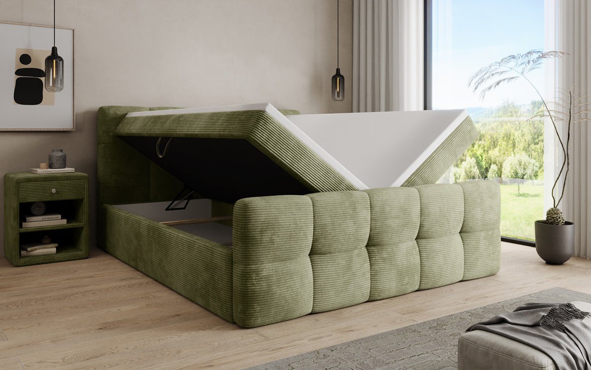 Lit boxspring Cozy en côtelé avec espace de rangement