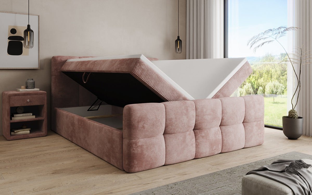 Lit boxspring Cozy en côtelé avec espace de rangement