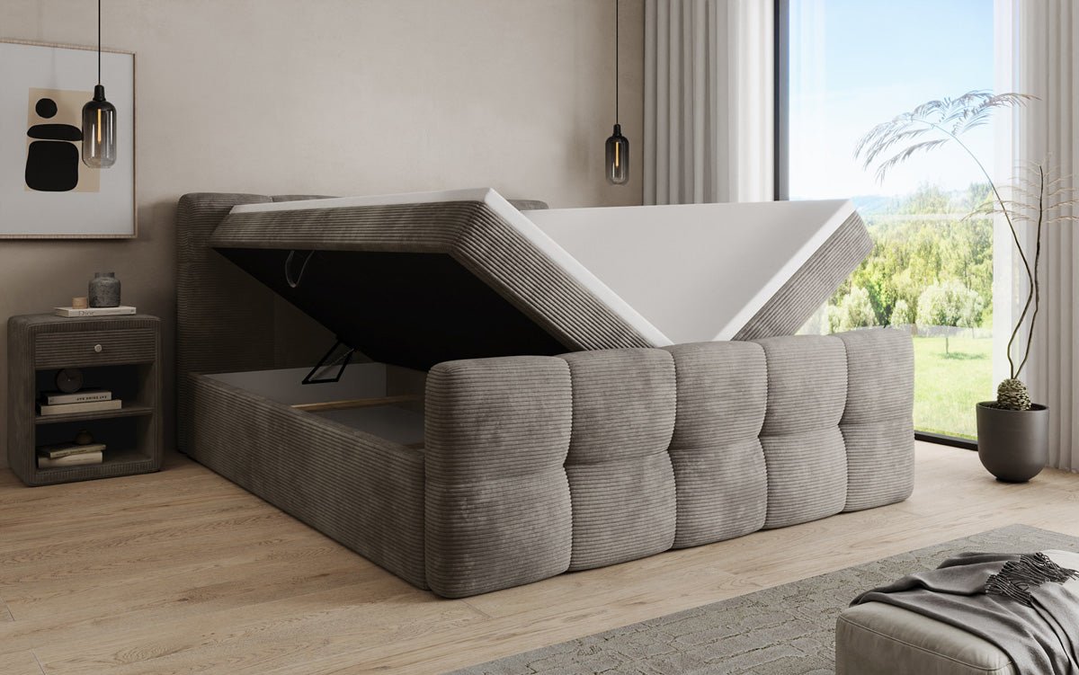 Lit boxspring Cozy en côtelé avec espace de rangement