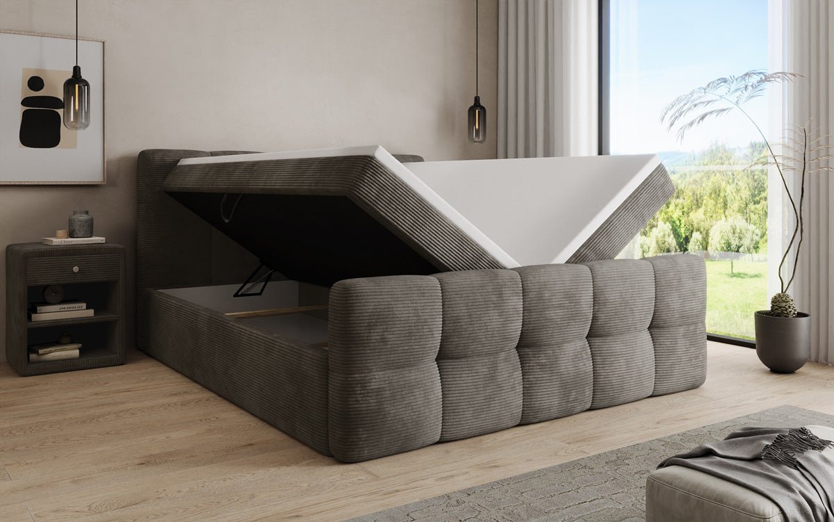 Lit boxspring Cozy en côtelé avec espace de rangement