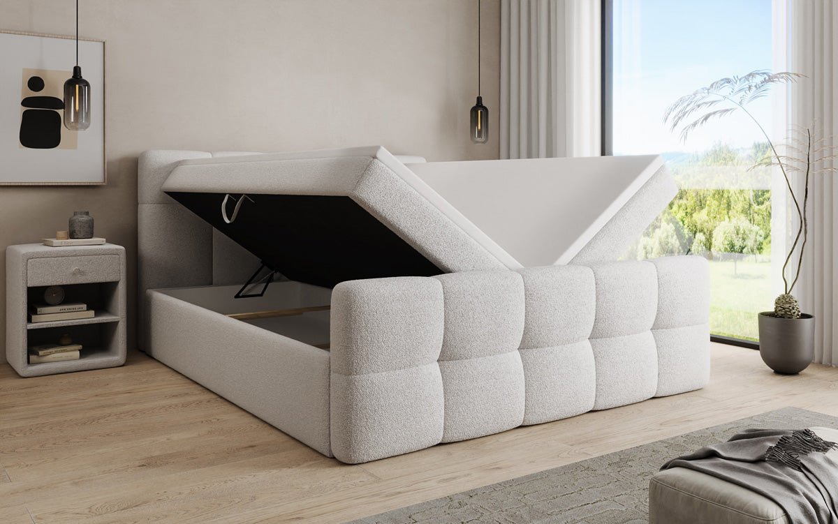 Boxspringbett Cozy in Teddy Bouclé mit Stauraum