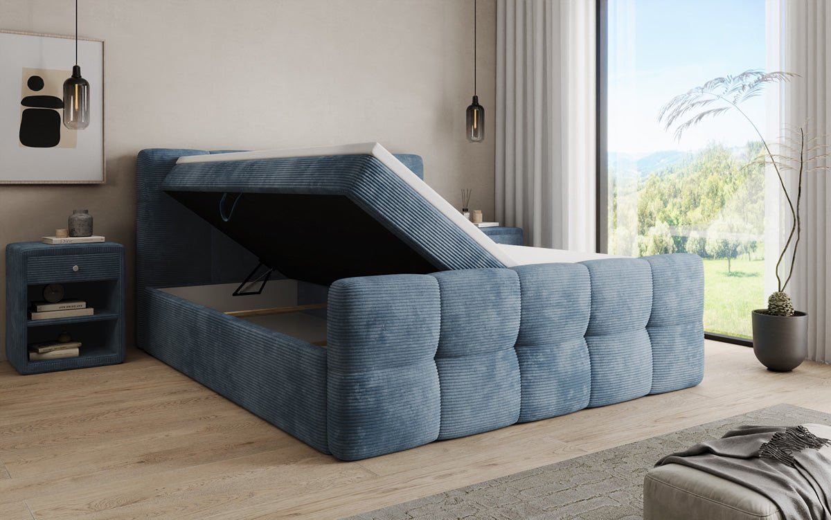 Lit boxspring Cozy en côtelé avec espace de rangement
