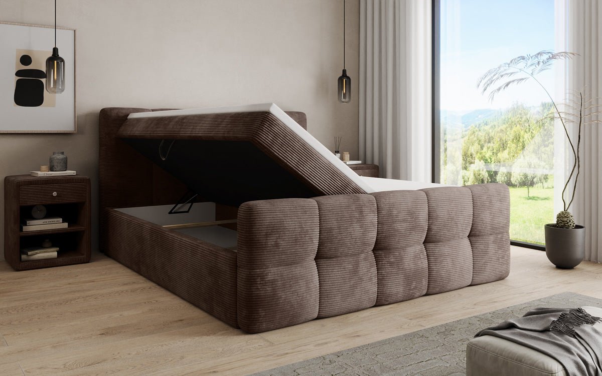 Lit boxspring Cozy en côtelé avec espace de rangement