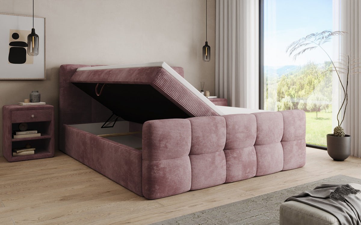 Lit boxspring Cozy en côtelé avec espace de rangement