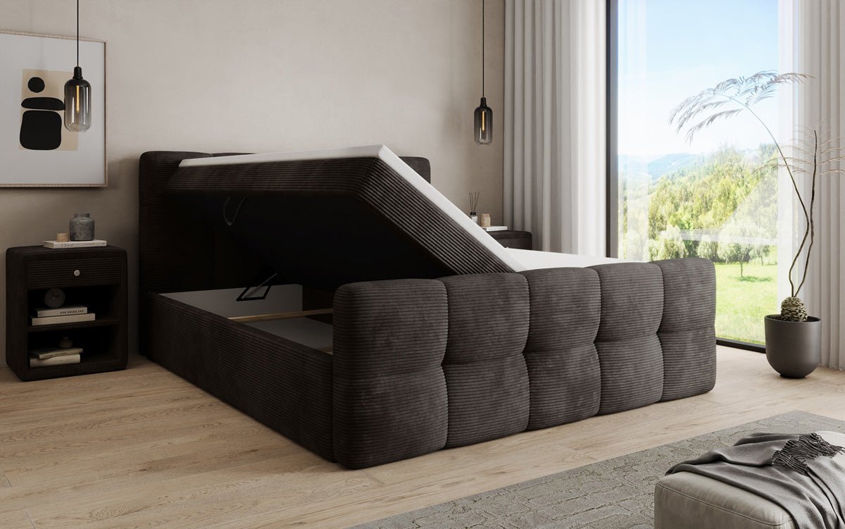 Lit boxspring Cozy en côtelé avec espace de rangement