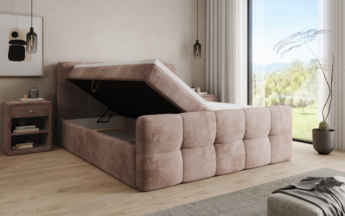 Lit boxspring Cozy en côtelé avec espace de rangement
