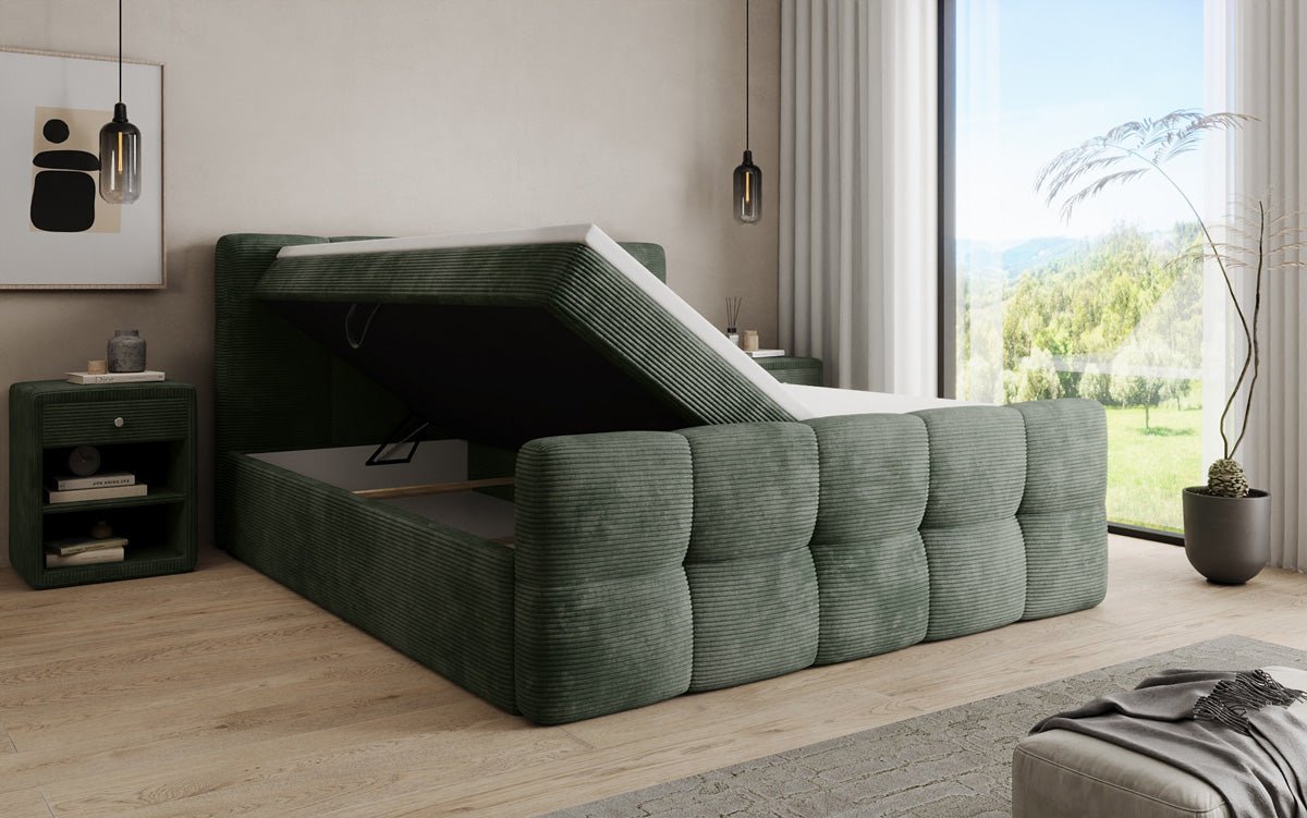 Lit boxspring Cozy en côtelé avec espace de rangement