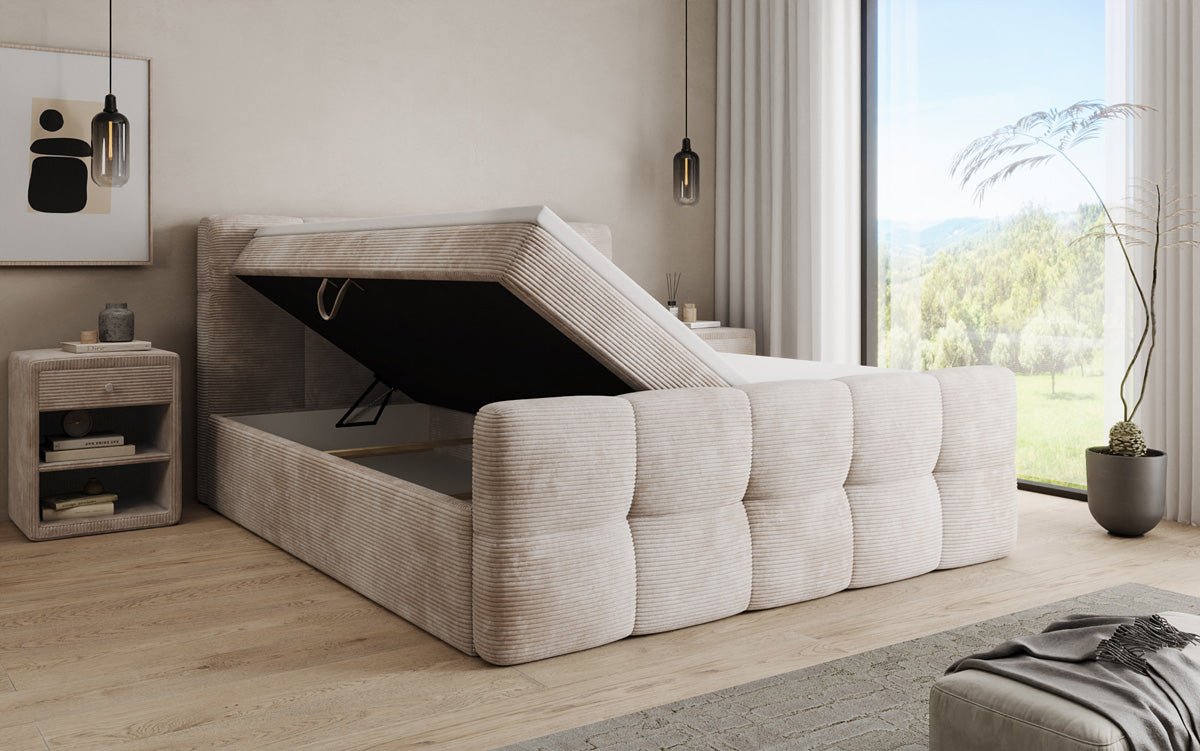 Lit boxspring Cozy en côtelé avec espace de rangement