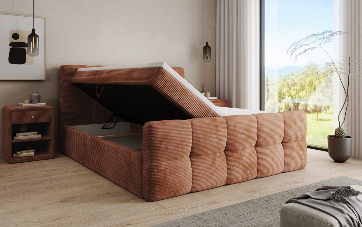 Lit boxspring Cozy en côtelé avec espace de rangement