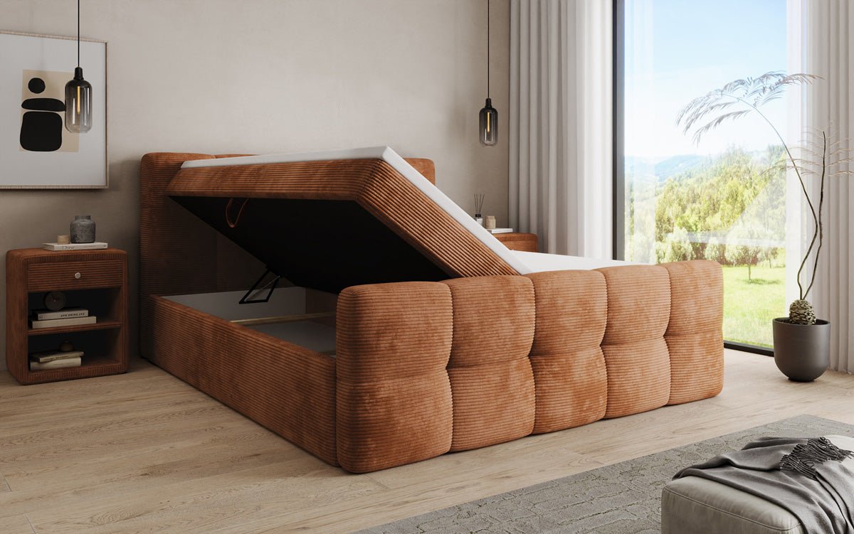 Lit boxspring Cozy en côtelé avec espace de rangement