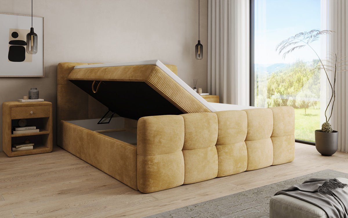 Lit boxspring Cozy en côtelé avec espace de rangement