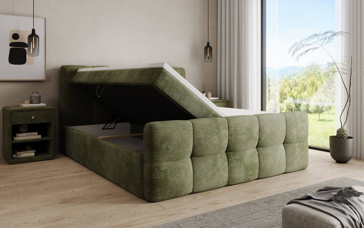 Lit boxspring Cozy en côtelé avec espace de rangement