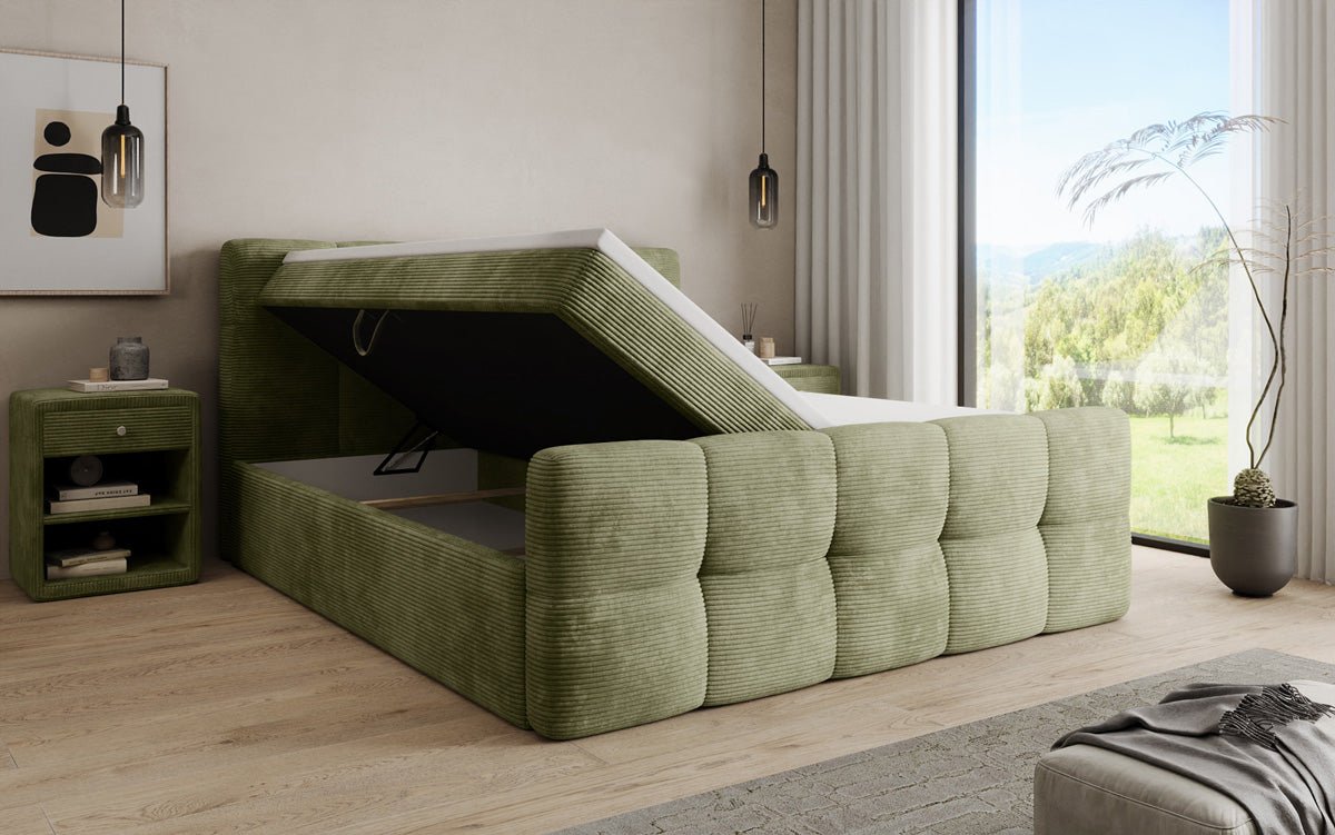 Lit boxspring Cozy en côtelé avec espace de rangement