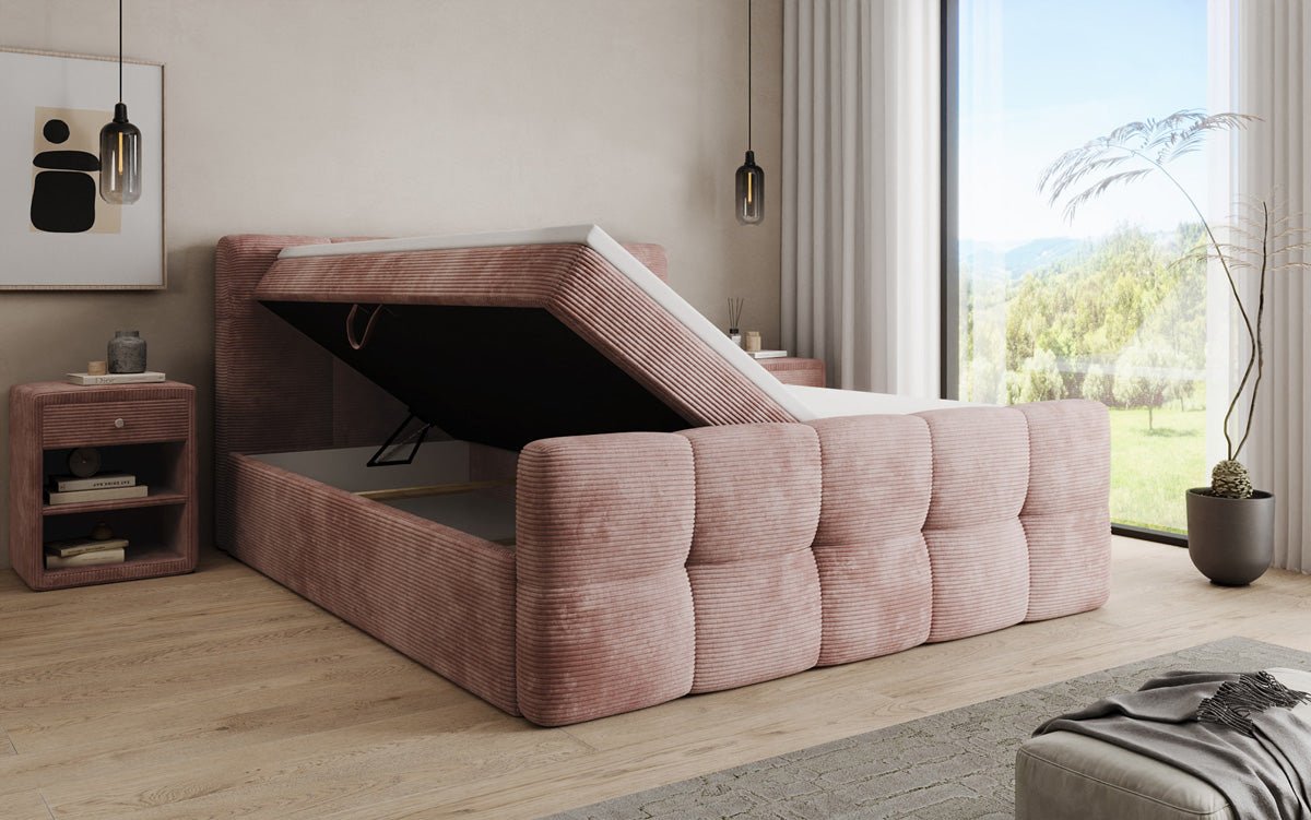 Lit boxspring Cozy en côtelé avec espace de rangement