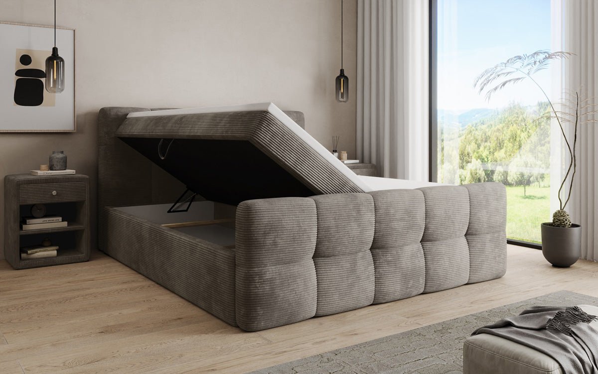 Lit boxspring Cozy en côtelé avec espace de rangement