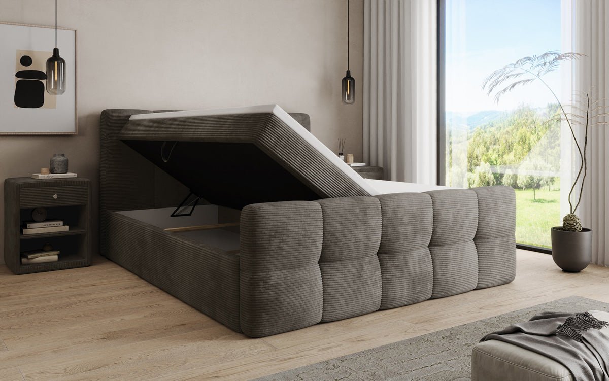 Lit boxspring Cozy en côtelé avec espace de rangement