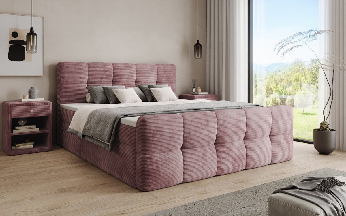 Lit boxspring Cozy en côtelé avec espace de rangement