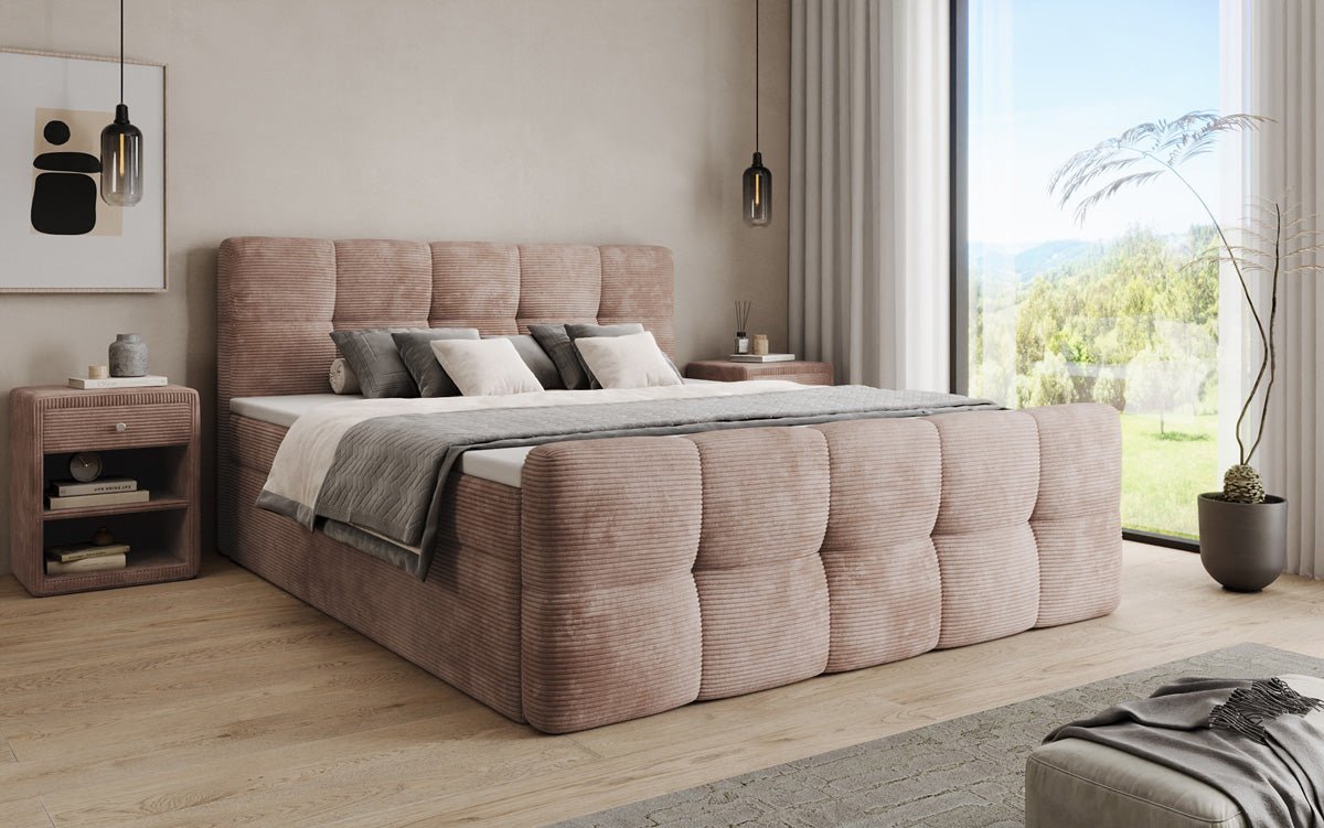 Lit boxspring Cozy en côtelé avec espace de rangement