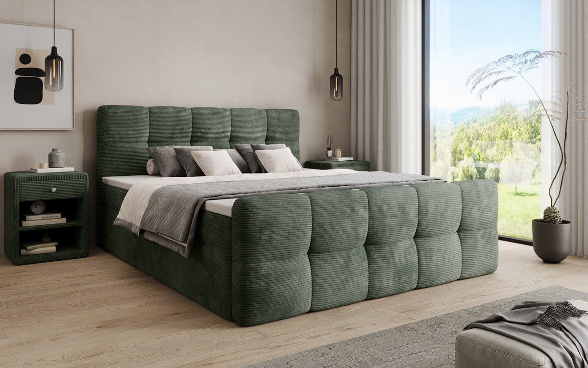 Lit boxspring Cozy en côtelé avec espace de rangement