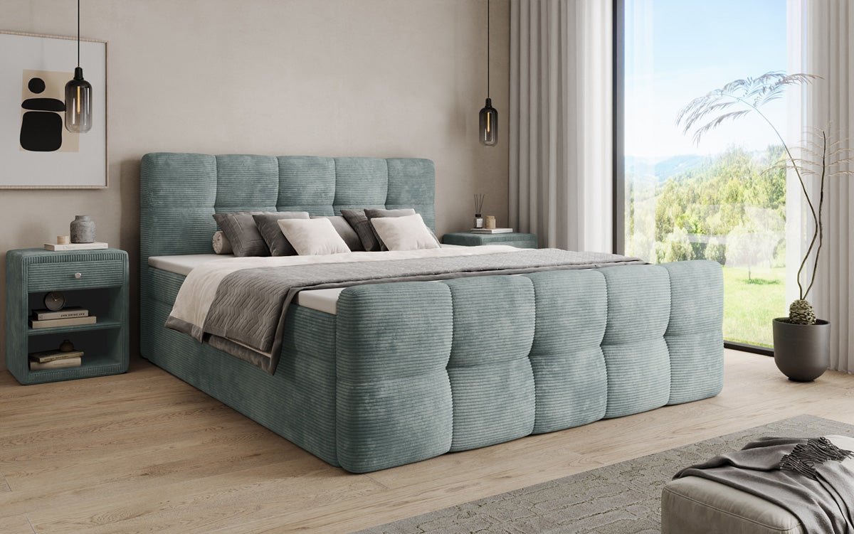 Lit boxspring Cozy en côtelé avec espace de rangement
