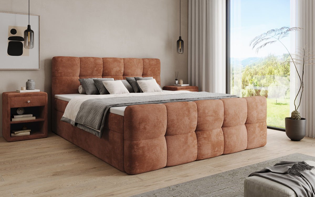 Lit boxspring Cozy en côtelé avec espace de rangement