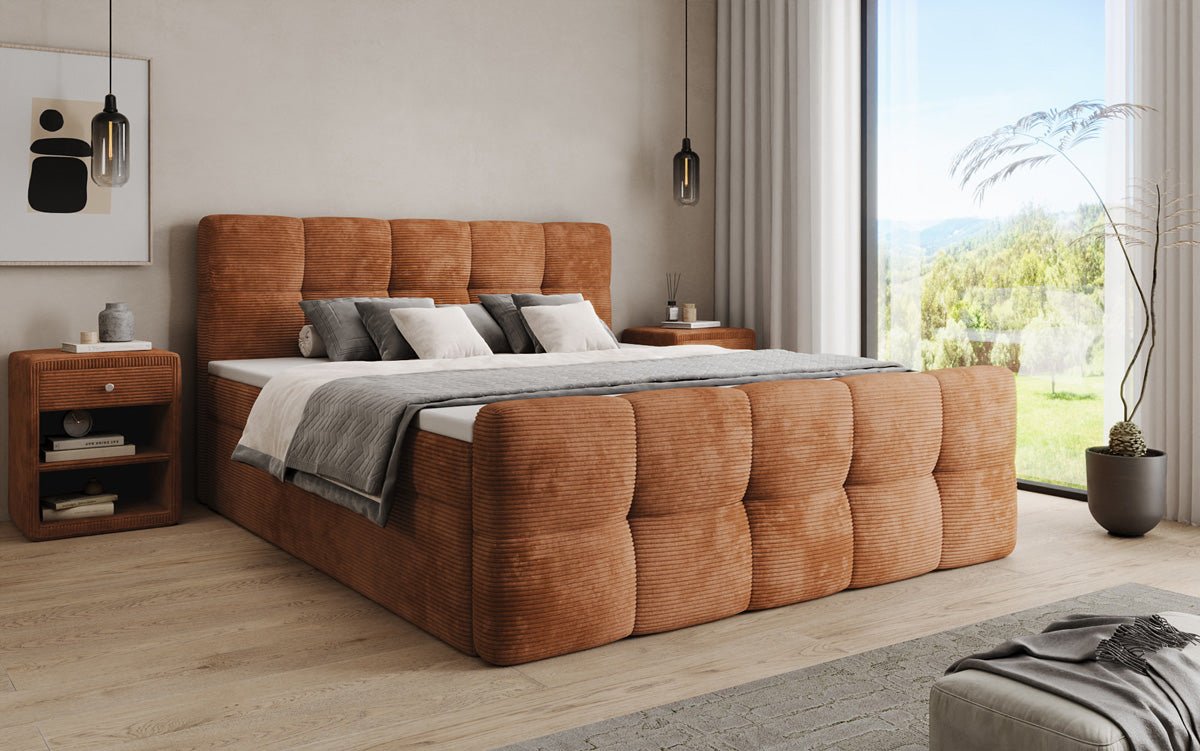 Lit boxspring Cozy en côtelé avec espace de rangement