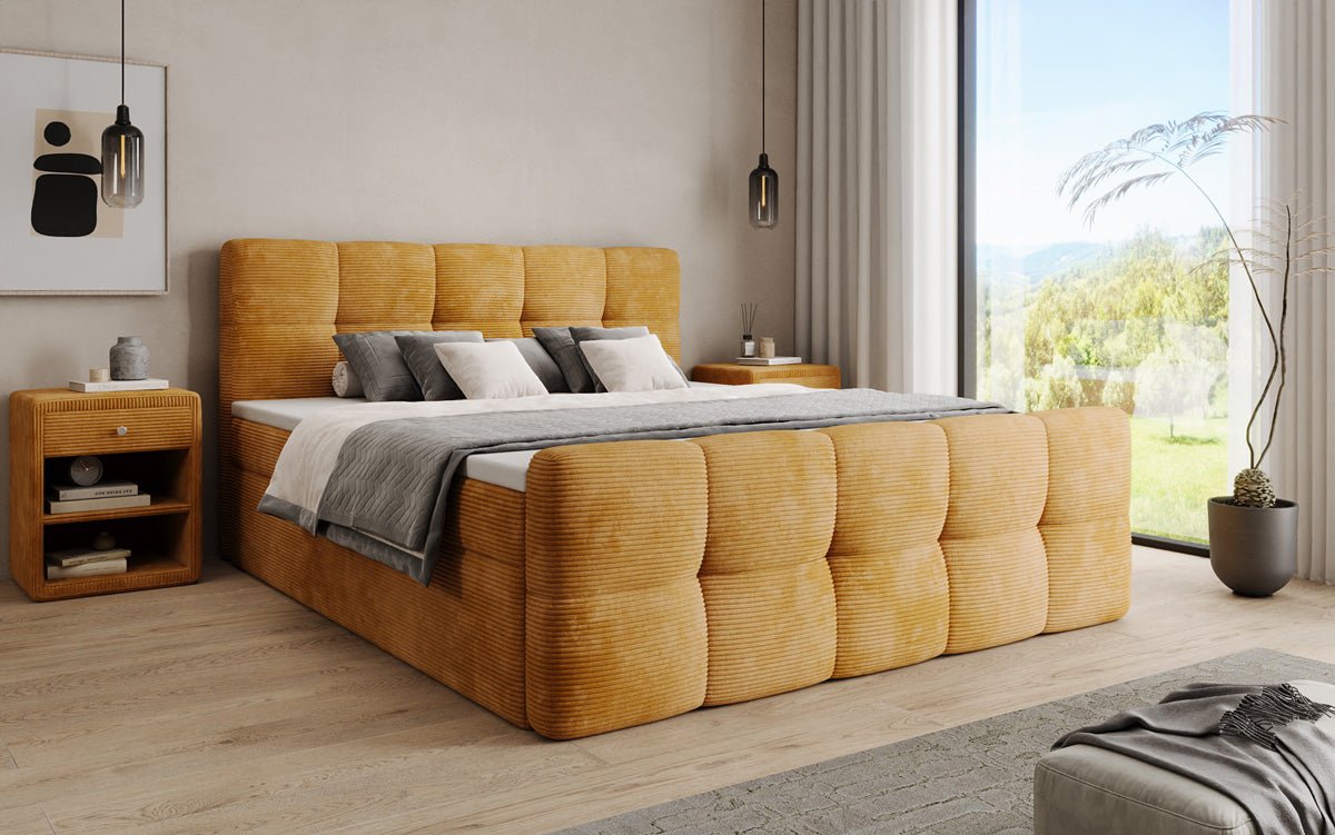 Lit boxspring Cozy en côtelé avec espace de rangement