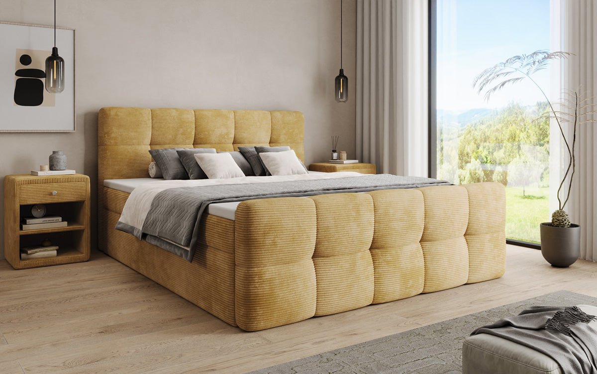 Lit boxspring Cozy en côtelé avec espace de rangement