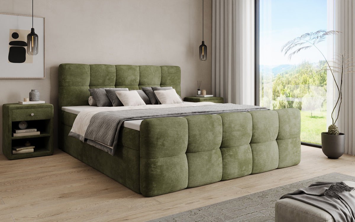 Lit boxspring Cozy en côtelé avec espace de rangement