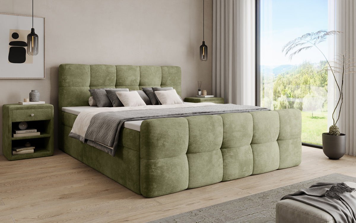 Lit boxspring Cozy en côtelé avec espace de rangement