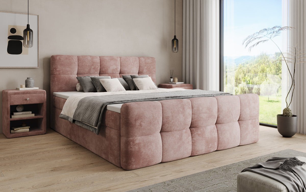 Lit boxspring Cozy en côtelé avec espace de rangement
