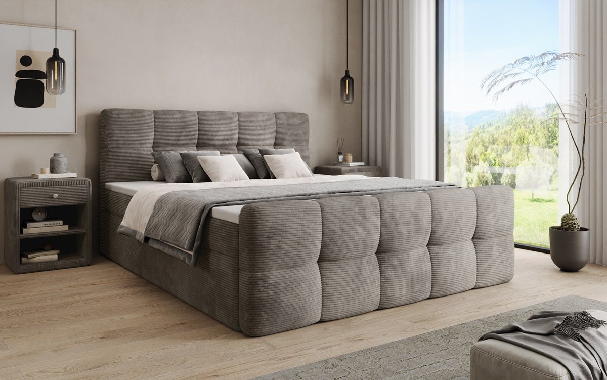 Lit boxspring Cozy en côtelé avec espace de rangement