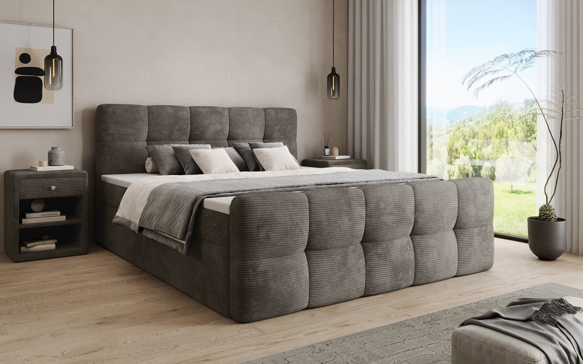 Lit boxspring Cozy en côtelé avec espace de rangement