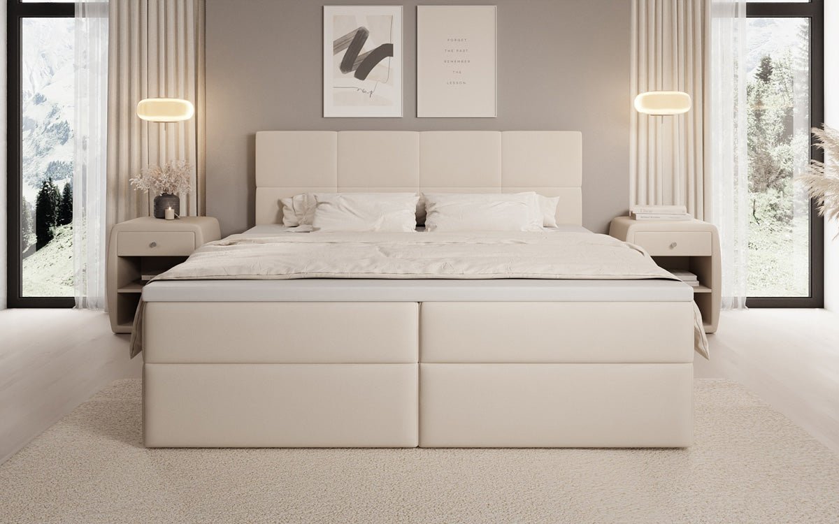 Lit boxspring Levi en tissu avec rangement