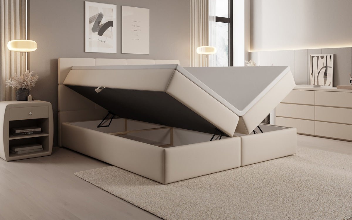 Lit boxspring Levi en tissu avec rangement