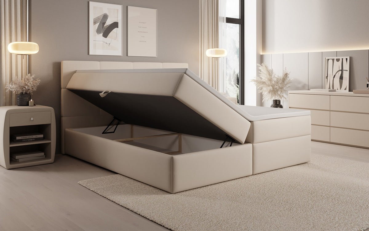 Lit boxspring Levi en tissu avec rangement
