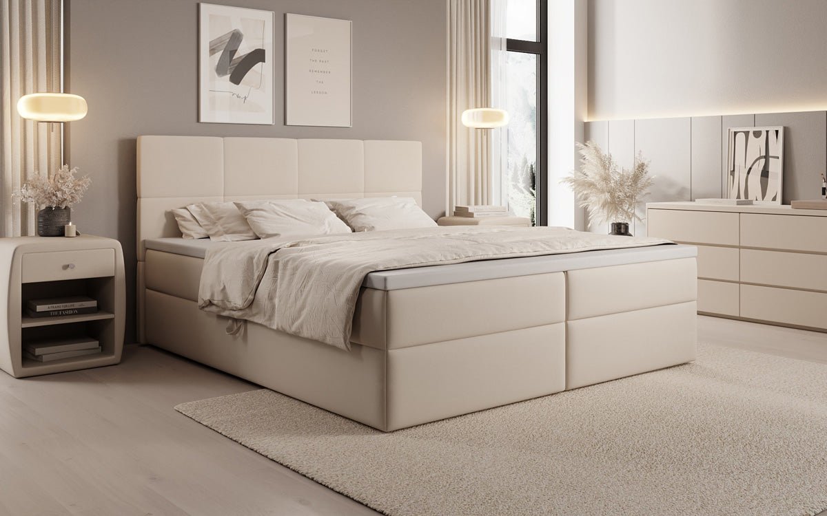 Lit boxspring Levi en tissu avec rangement