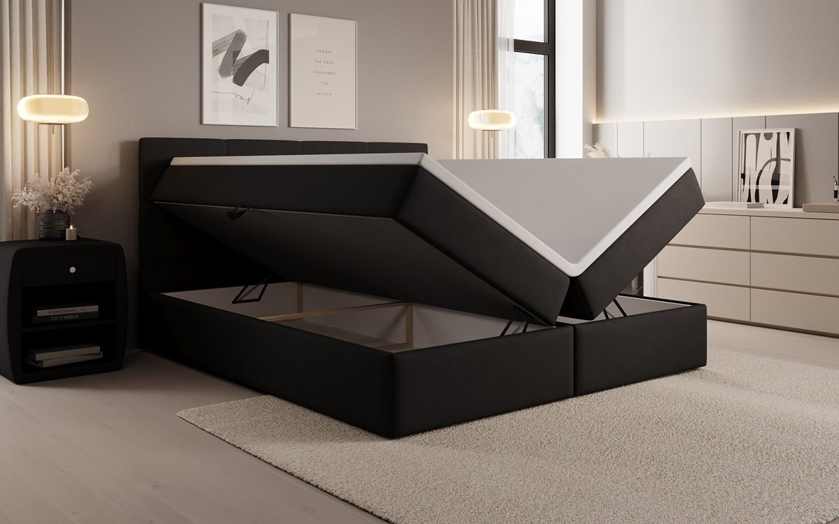 Lit boxspring Levi en tissu avec rangement