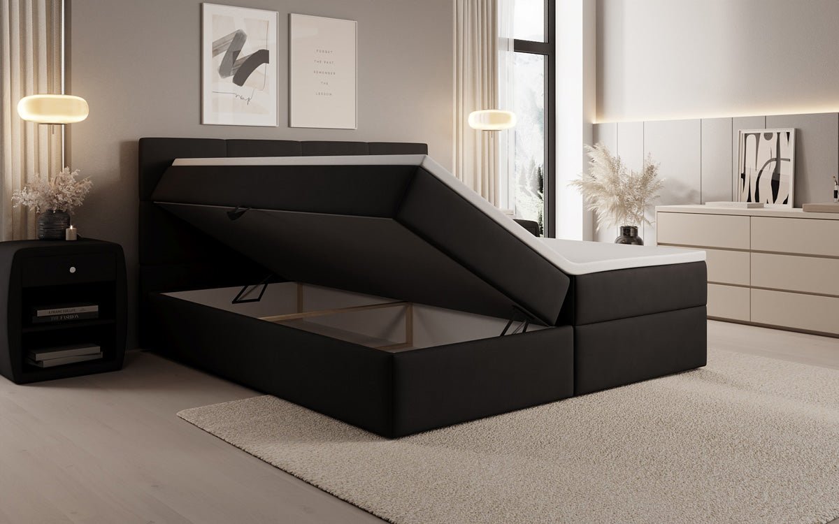 Lit boxspring Levi en tissu avec rangement