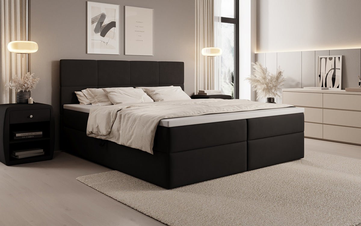 Lit boxspring Levi en tissu avec rangement