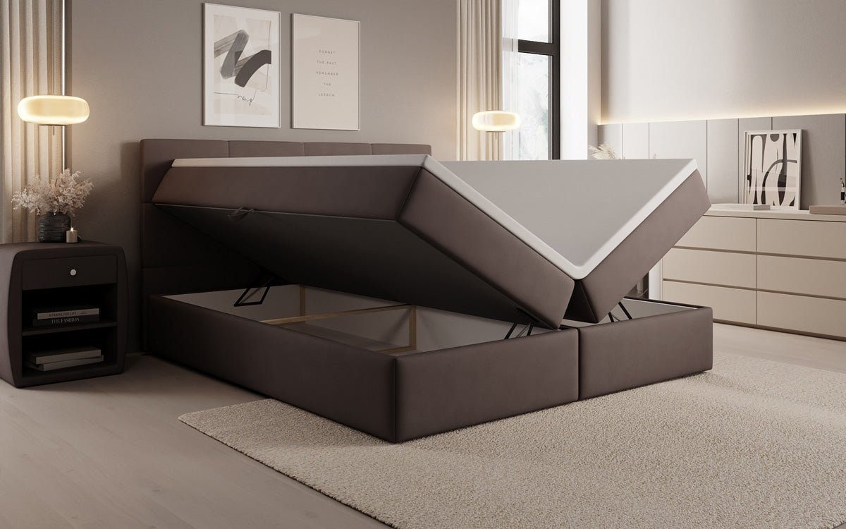 Lit boxspring Levi en tissu avec rangement