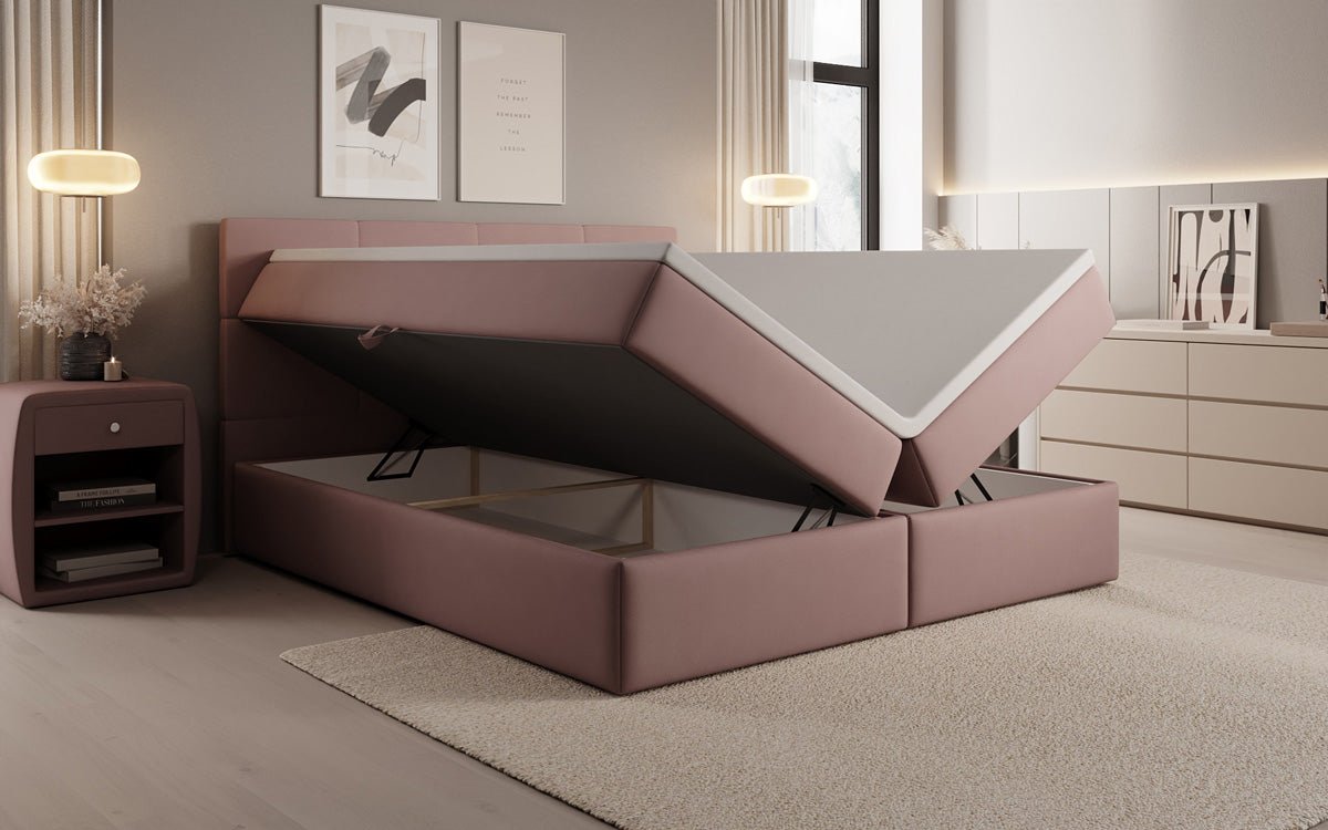 Lit boxspring Levi en tissu avec rangement