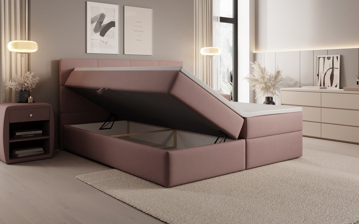 Lit boxspring Levi en tissu avec rangement