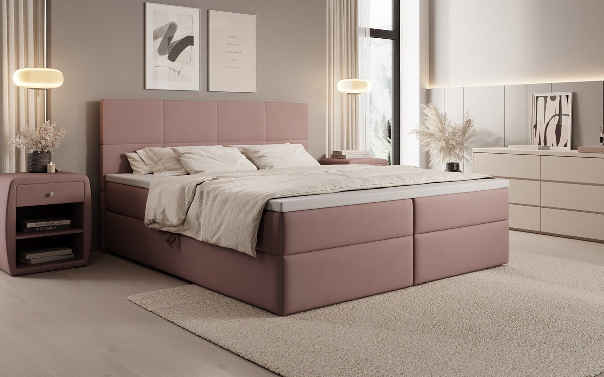 Lit boxspring Levi en tissu avec rangement