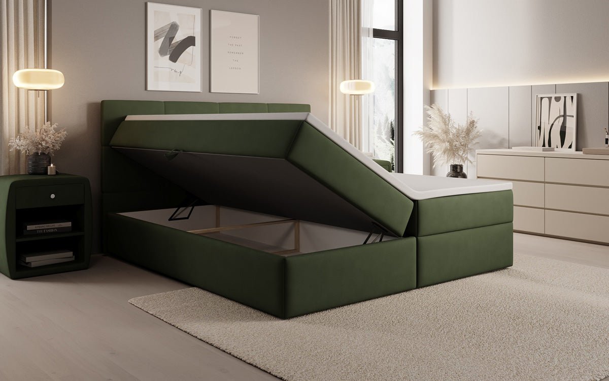 Lit boxspring Levi en tissu avec rangement