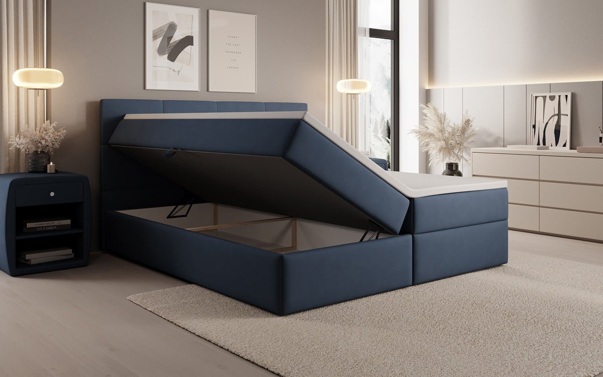 Lit boxspring Levi en tissu avec rangement