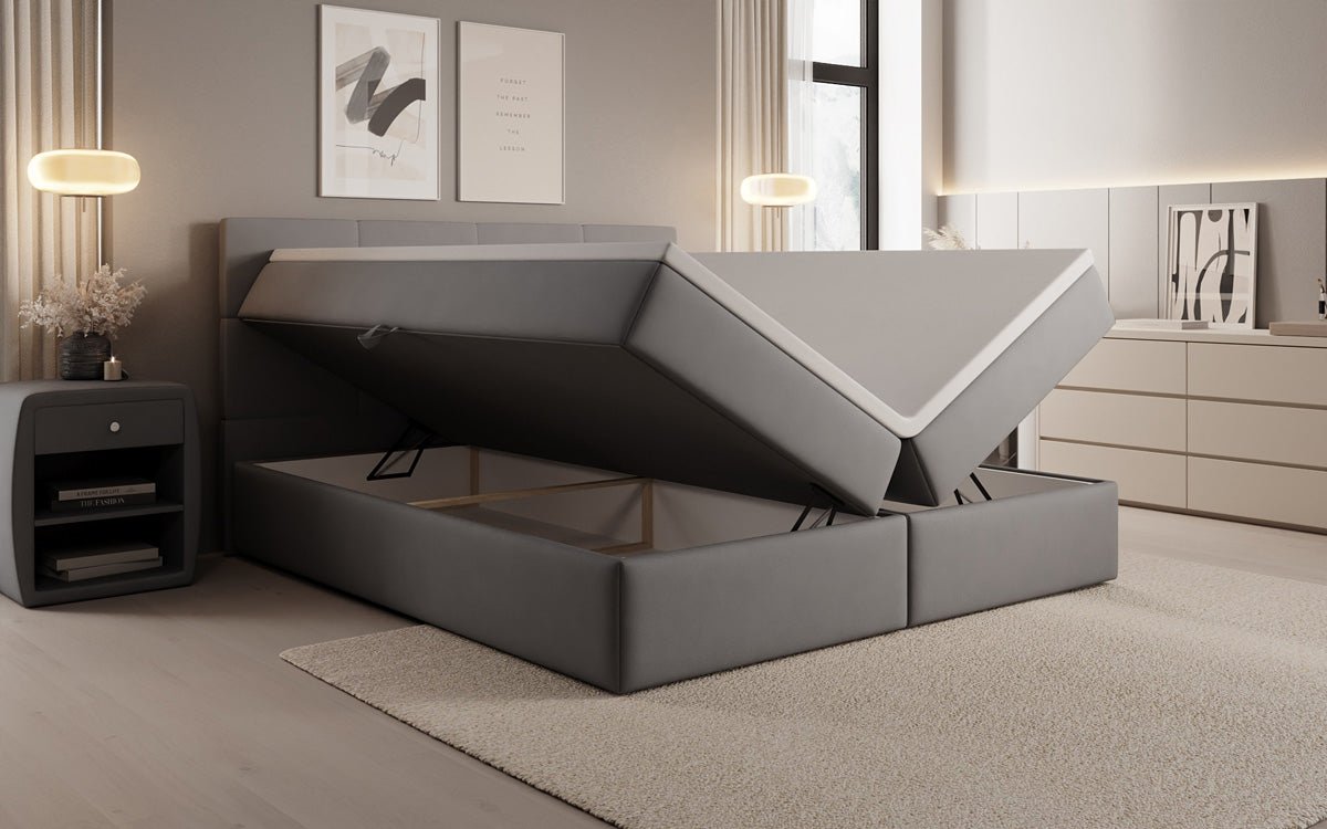 Lit boxspring Levi en tissu avec rangement